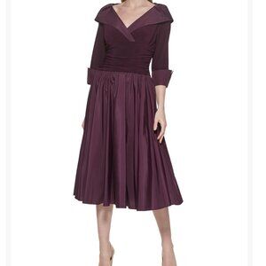 Jessica Howard Womens 18W Plum Fit & Flare Dress Shawl Collar 3/4 Sleeves Midi L